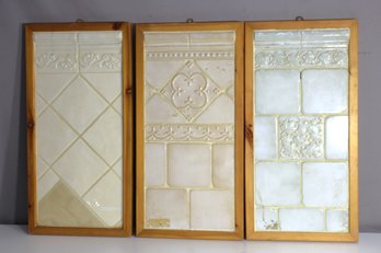 Set Of Three Framed Vintage Ceramic Tiles With Decorative Designs