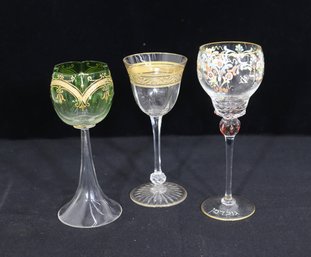 Set Of 3 Antique Hand-Blown Art Glass Goblets  Enamel & Gold Gilt Decoration  6.5 To 7 Tall