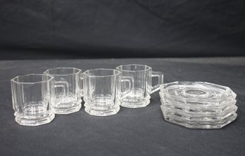 Set Of 4 Clear Glass Octagonal Cups With Matching Saucers