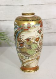 Antique Japanese Satsuma Hand-Painted Vase  Pheasants & Floral Landscape  10 Gold Gilt Meiji Style