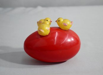 Vintage Red Egg Yellow Chicks Japanese Plastic Toy