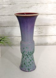 Studio Art Pottery Vase  Flambe Drip Glaze Purple & Green  11.5 Handcrafted Ceramic
