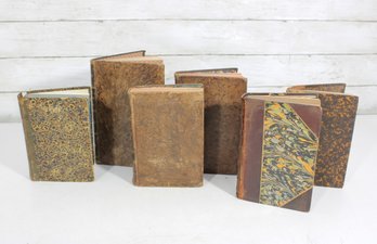 Group Lot Antique French & Spanish Books  19th Century Leather & Marbled Bindings (7 Volumes)