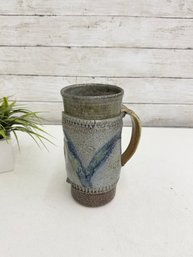 Signed Studio Pottery Mug / Tankard  Hand-Thrown Stoneware  Blue Slip Design  9' H