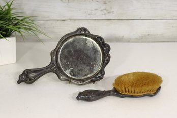 Antique Art Nouveau Vanity Set  Hand Mirror (10) & Brush (8.5)  Ornate Floral Silverplate Design