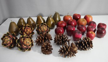 Collection Of Decorative Faux Fruits, Pinecones, And Artichokes