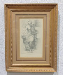 Antique Classical Angel Engraving  19th Century Allegorical Figure  Ornate Gilt Frame  26.5' X 20'