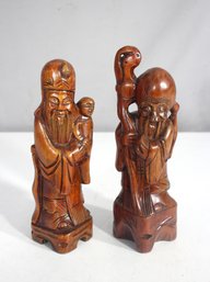 Pair Of Vintage Chinese Wooden Carved Immortal Figurines  9 & 8.5