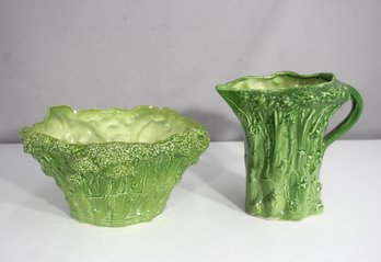 Vintage B. Elgin Signed Green Majolica Style Ceramic Broccoli Pitcher & Bowl Set  6 H