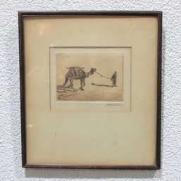 Antique Orientalist Camel Scene  19th Century Etching / Print  Framed 14' X 12.5'