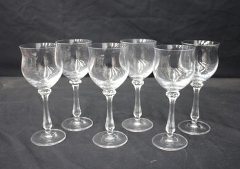 Set Of 6 Elegant 7' Clear Etched Glass Wine Goblets