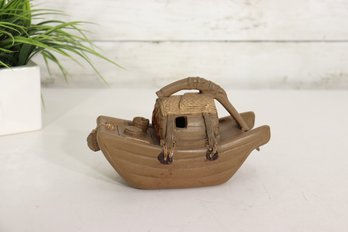 Vintage Handmade Clay Boat Trinket Box W/ Lid  4H X 7  Asian Folk Art Style