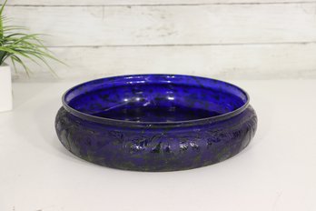 Vintage Cobalt Blue Art Glass Low Bowl / Centerpiece Dish  11 Round X 3H