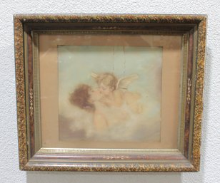 Antique Cherub & Angel Romantic Scene  Victorian-Style Print  Ornate Frame  18' X 21'