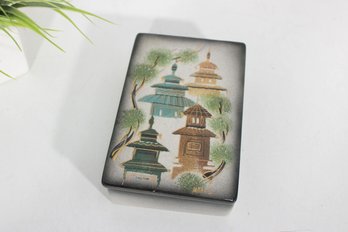 MCM Sascha Brastoff Trinket Box With 3 Houses Signed Ceramic-7.5' X 5'