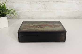 Vintage Russian Style Lacquer Box  Winter Troika Sleigh Scene  Red Interior  10 W X 7.5 D X 2.5 H