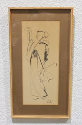 Signed Japanese Ink Drawing Or Print, Likely A Kakejiku (hanging Scroll), Depicting A Woman In A Kimono.
