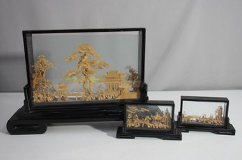 Set Of 3 Intricate Chinese Carved Cork Dioramas In Glass Frames  3.5' And 11' Lengths