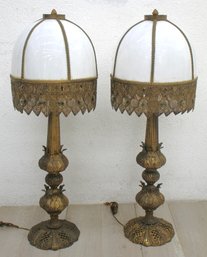Pair Of Vintage Brass Heavy White Slag Glass Table Lamp-40'h
