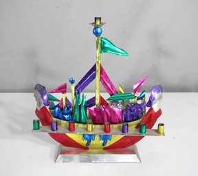 Vintage Handmade Colorful Aluminum Noahs Ark Folk Art Sculpture  Candle Holder Decor