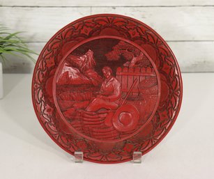 Vintage Asian Red Cinnabar Style Carved Plate  Scenic Landscape Design  9 Round