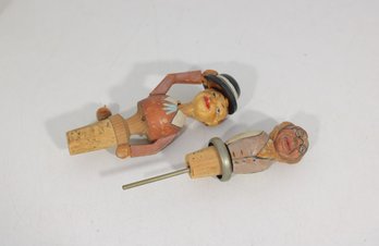 Vintage Hand-Carved Wooden Bottle Stoppers  Figural Man & Woman Cork Stoppers  Set Of 2