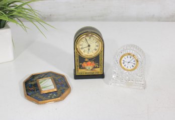 Vintage Desk Clock Lot  Crystal Quartz Clock, Roger Lascelles Mini Clock & Decorative Enamel Compact Frame (3