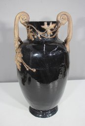 Antique 21 Black Glazed Terracotta Amphora Vase  Ornate Handles & Leaf Motif