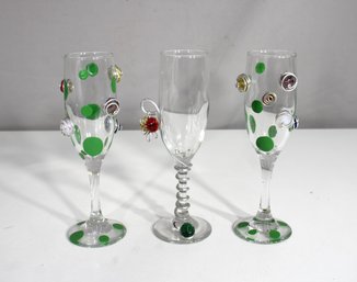 Set Of 3 Handcrafted Champagne Flutes  Whimsical Wire Art & Green Polka Dot Glasses  8'Tall
