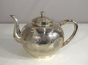Antique 6 Silver-Plated Teapot  Hand-Etched Wildlife Motif