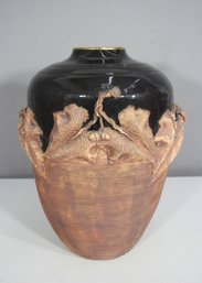 Signed Lesley Charles 17' Ceramic Vase  Black Glaze & Textured Vine Relief