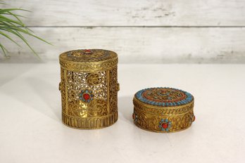 Lot Of 2 Vintage Ornate Brass Filigree Trinket Boxes W/ Turquoise & Red Inlay  1.5 & 3.5