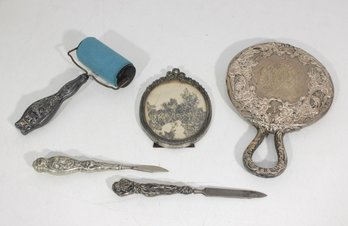 Vintage Vanity Lot  Hand Mirror, Lint Roller, Letter Openers & Framed Silhouette  Ornate Metal