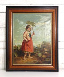 Large Vintage Framed Oil Painting Portrait Of Young Girl Holding Leaf  30.5 X 24.5