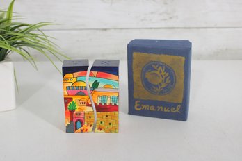Jerusalem Salt & Pepper Shakers Set W/ Box  Colorful Hand-Painted Style  4' Tall