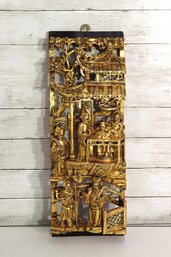 Antique Chinese Gilt Carved Wood Architectural Panel  Figural Temple Scene  20.5 X 8 Wide