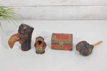 Vintage Folk Art Carved Wooden Pipe Lot  Figural Pipe, Small Trinket Box & Carved Pieces