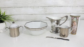 Vintage Silver Plate & Porcelain Serving Lot  Creamer, Sugar Bowl, Mugs, Bowl & Knife  Mixed Group