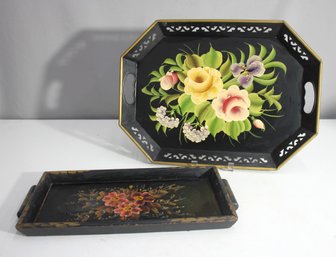 Set Of 2 Hand-Painted Tole And Wooden Trays  Floral Motifs