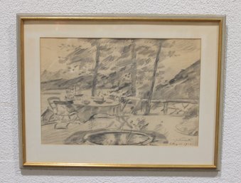 Vintage Signed Graphite Drawing  Outdoor Caf / Terrace Landscape  Framed  19' X 25.5'