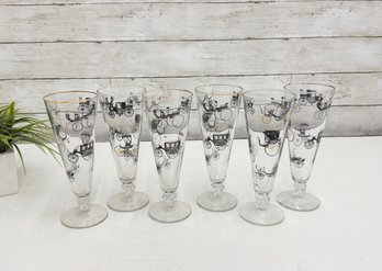 Vintage Libbey Champagne Glasses Barware Set Of 4 Vintage Cars Graphics-8.5'h
