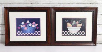 Pair Of Framed Country Kitchen Still Life Prints  Tulips & Fruit Bowl  12.5 X 14.5