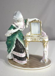 Antique Dresden Porcelain Figurine - Rococo Lady At Vanity - 11' Tall