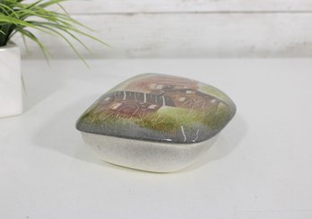 Sascha Brastoff Covered Trinket Box, Village Design, MCM CA Pottery Signed 6.5' X 5.5'