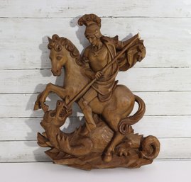 Large Hand Carved Wood Wall Plaque  St. George Slaying The Dragon  21 X 14 (Damage To Hand)