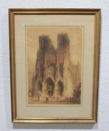 Large Pencil-Signed Print Of Reims Cathedral  Gothic Architecture Scene  Framed  32.5' X 25'