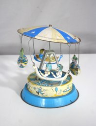 Vintage Tin Wind-Up Carousel Ride Toy  Space Theme  Made In Japan  7 H