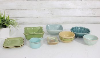Mixed Ceramic Bowl & Dish Lot  Green & Blue Glazed Stoneware  Decorative Kitchen Set (9 Pcs)