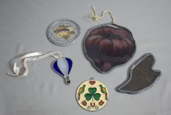 Group Lot Of 5 Leaded Colored Glass Ornaments