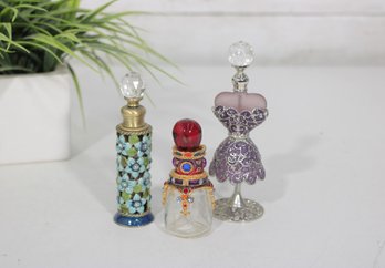 Lot Of 3 Decorative Perfume Bottles  Jeweled, Mosaic & Filigree Glass Vanity Display